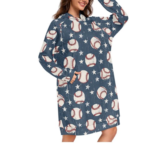 DIXRUYEE Baseball Print Womens Long Oversized Hoodie Dress Casual Pullover Hooded Sweatshirt Dress with Kangaroo Pocket Loose Streetwear Loungewear
