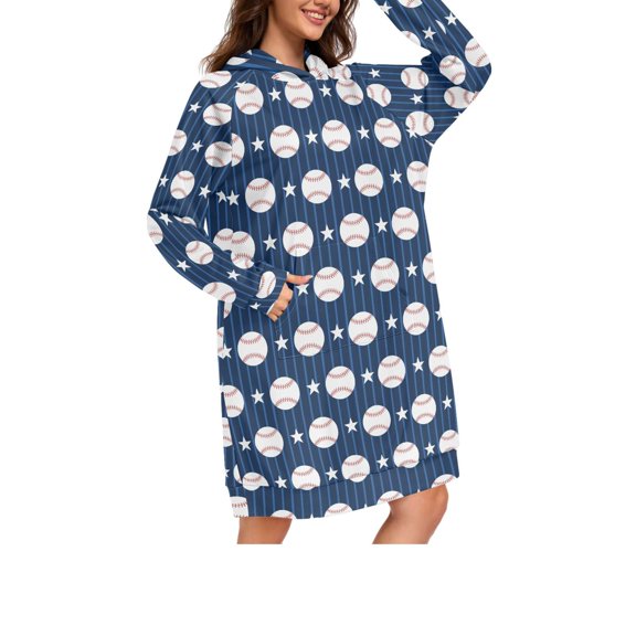 DIXRUYEE Baseball Star Stripe Print Womens Long Oversized Hoodie Dress Casual Pullover Hooded Sweatshirt Dress with Kangaroo Pocket Loose Streetwear Loungewear