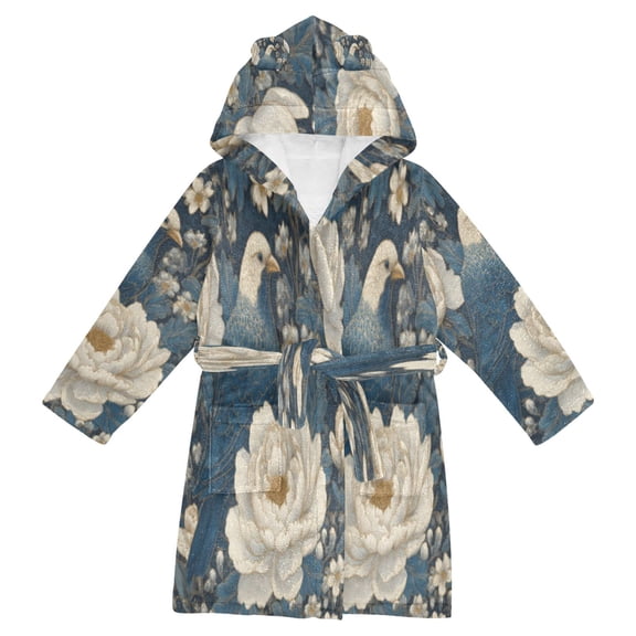 DIXRUYEE Bathrobes Belt Hooded Azure Silk Birds Creative Pattern