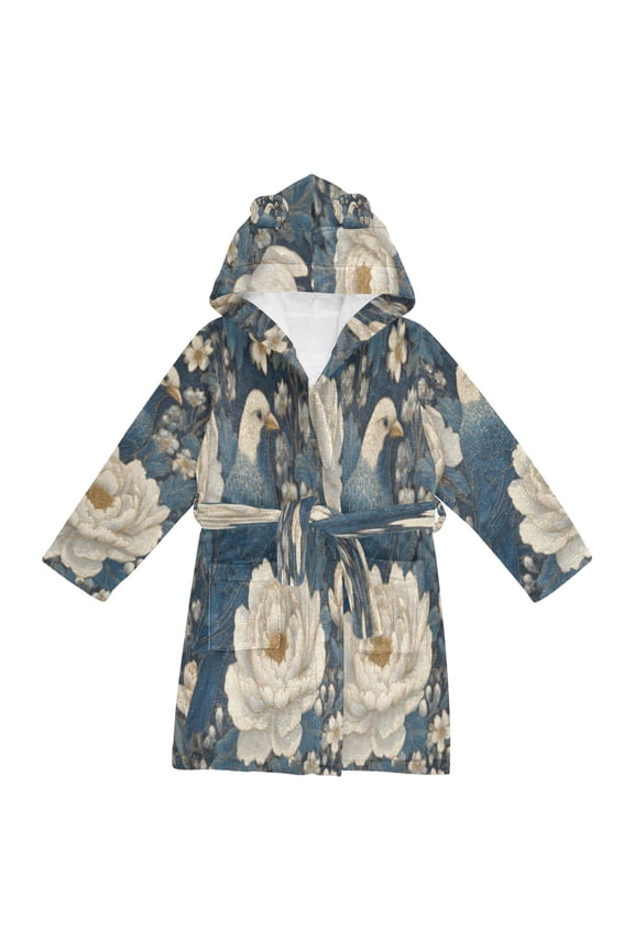 Bathrobes Belt Hooded Azure Silk Birds Creative Pattern