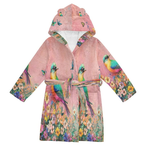 DIXRUYEE Bathrobes Belt Hooded Colorful Bird in Floral Paradise Creative Pattern