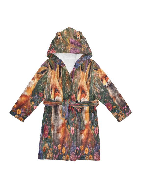 Bathrobes Belt Hooded Fox in Garden Creative Pattern