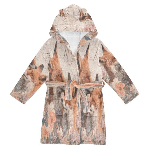 DIXRUYEE Bathrobes Belt Hooded Foxes in Floral Frame Creative Pattern