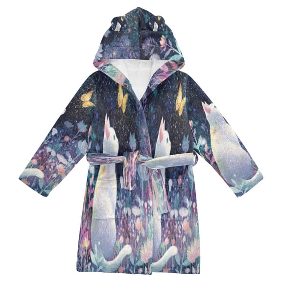 DIXRUYEE Bathrobes Belt Hooded Whimsy Cat & Flutter Creative Pattern