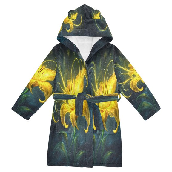 DIXRUYEE Bathrobes Belt Hooded Yellow Lily Creative Pattern