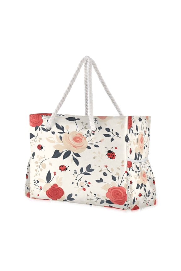 DIXRUYEE Beach Cooler Travel Tote Bags Beach Bag Fashion Ladybug Rose Garden Printed