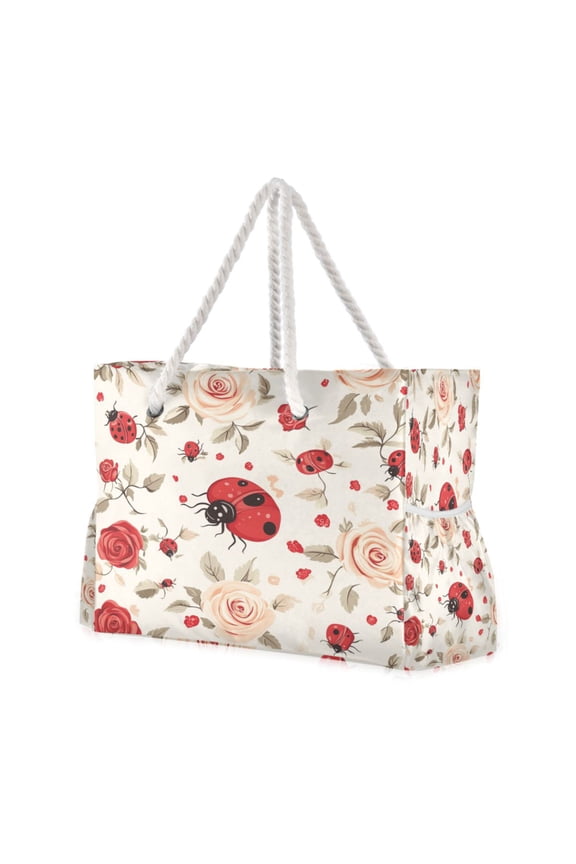 DIXRUYEE Beach Cooler Travel Tote Bags Beach Bag Fashion Ladybug Roses Printed