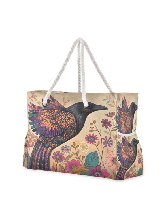 Beach Cooler Travel Tote Bags Beach Bag Fashion Mystical Crow Blossom Printed