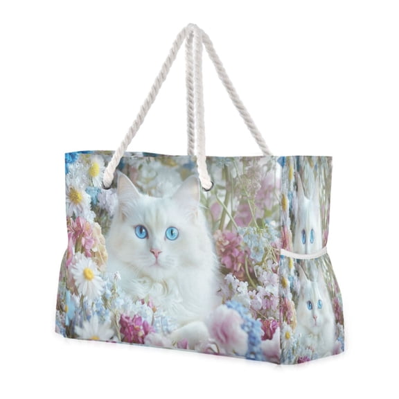 DIXRUYEE Beach Cooler Travel Tote Bags Beach Bag Fashion White Cat with Blue Eyes Printed