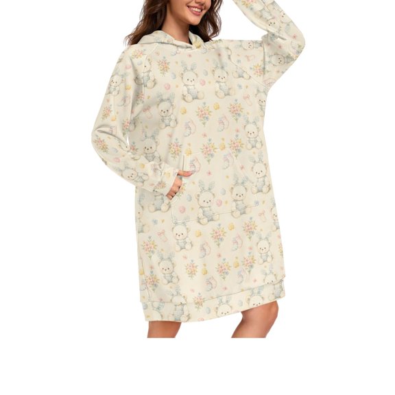 DIXRUYEE Bears Flowers Print Womens Long Oversized Hoodie Dress Casual Pullover Hooded Sweatshirt Dress with Kangaroo Pocket Loose Streetwear Loungewear