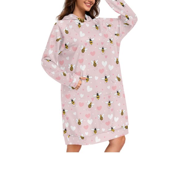 DIXRUYEE Bee Love Pattern Print Womens Long Oversized Hoodie Dress Casual Pullover Hooded Sweatshirt Dress with Kangaroo Pocket Loose Streetwear Loungewear