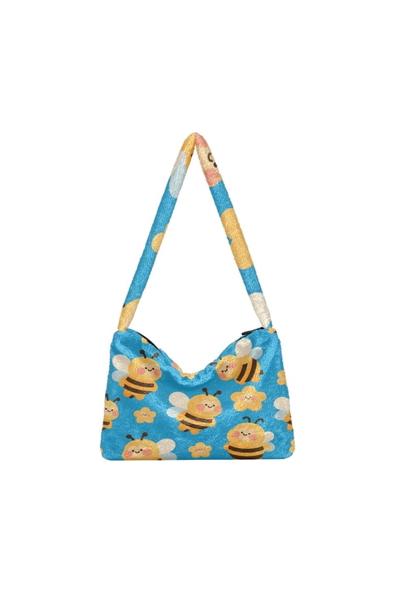 DIXRUYEE Bee Pattern Print Plush Shoulder Bag Soft Faux Fluffy Hobo Tote Bag With Zipper Closure Casual Lightweight Crossbody Handbag