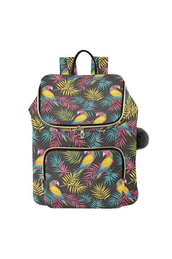 Birds Printed Quilted 14 Inch Laptop Backpack Multi-Pocket Lightweight Daypack with Pom Pom Charm