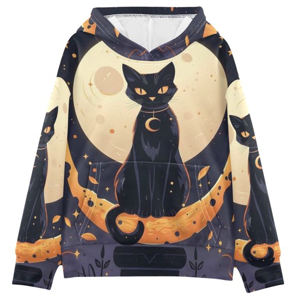 DIXRUYEE Black Cat Moon Print Hoodie Casual Pullover Sweatshirt With Kangaroo Pocket