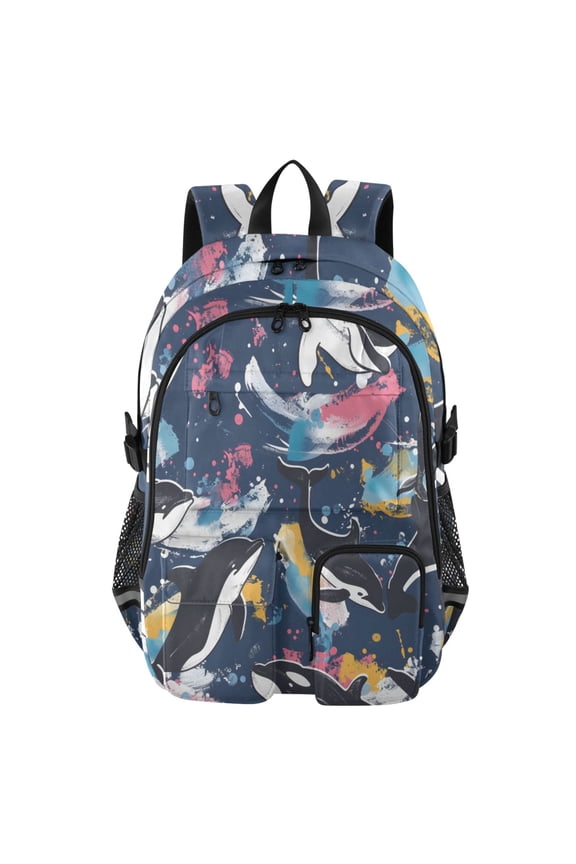 Black Dolphin Watercolor Pattern Backpack for School 14Laptop Compatible with Reflective Safety Strips