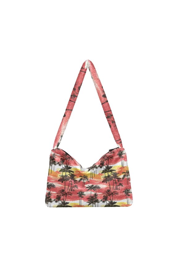 DIXRUYEE Black Palm Red Cloud Pattern Print Plush Shoulder Bag Soft Faux Fluffy Hobo Tote Bag With Zipper Closure Casual Lightweight Crossbody Handbag
