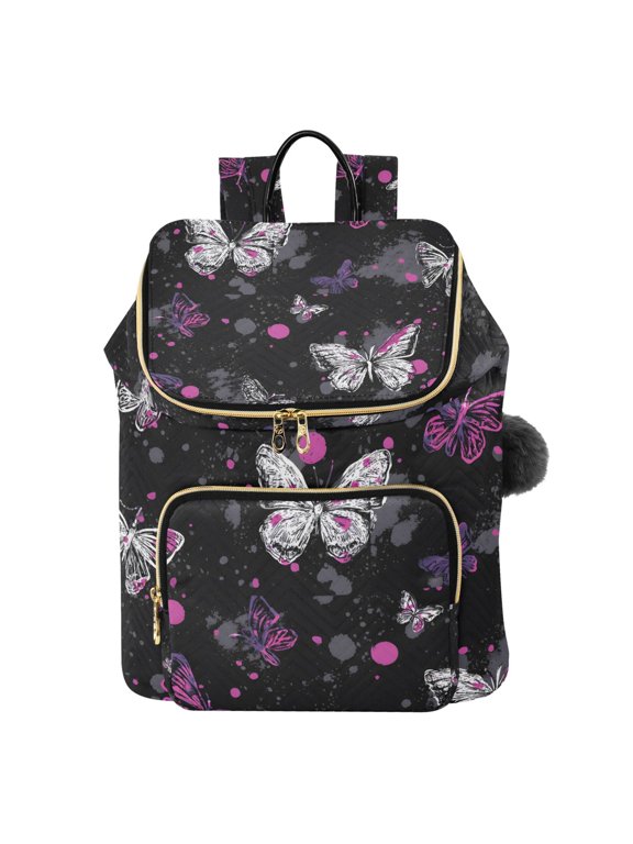Black Powder Ash Butterfly Camouflage Wind Printed Quilted 14 Inch Laptop Backpack Multi-Pocket Lightweight Daypack with Pom Pom Charm