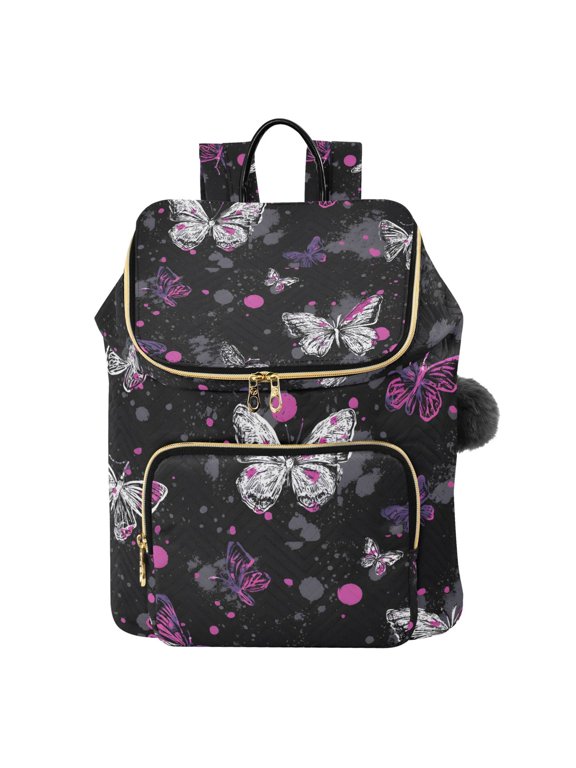 Black Powder Ash Butterfly Camouflage Wind Printed Quilted 14 Inch Laptop Backpack Multi-Pocket Lightweight Daypack with Pom Pom Charm