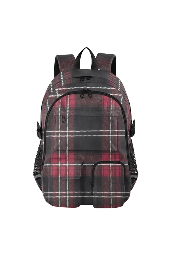 Black Red Tartan Pattern Backpack for School 14Laptop Compatible with Reflective Safety Strips