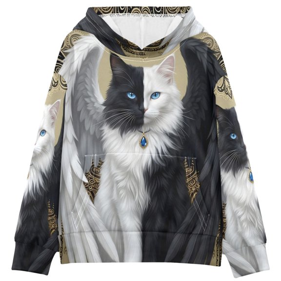DIXRUYEE Black White Cat Wings A Print Hoodie Casual Pullover Sweatshirt With Kangaroo Pocket