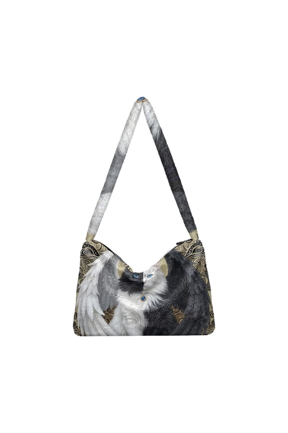DIXRUYEE Black White Cat Wings A Print Plush Shoulder Bag Soft Faux Fluffy Hobo Tote Bag With Zipper Closure Casual Lightweight Crossbody Handbag