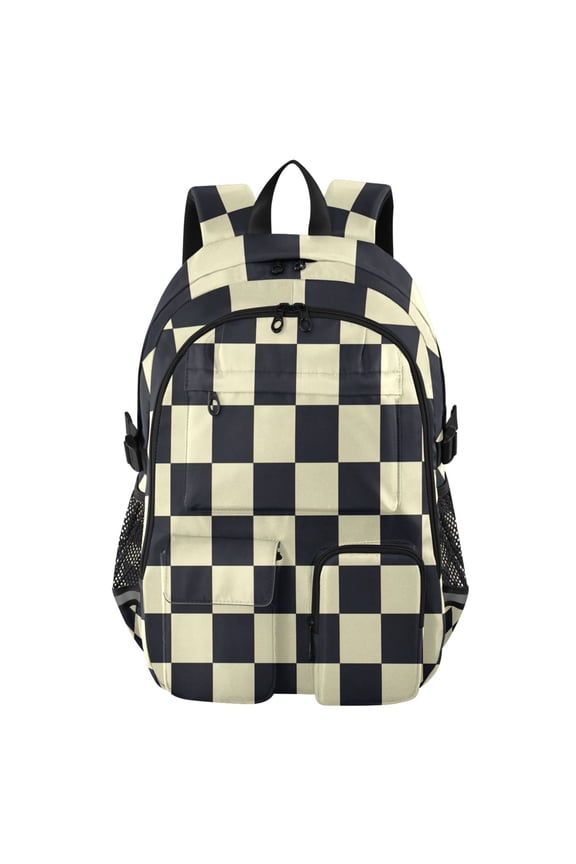 Black White Check Pattern Backpack for School 14”Laptop Compatible with Reflective Safety Strips