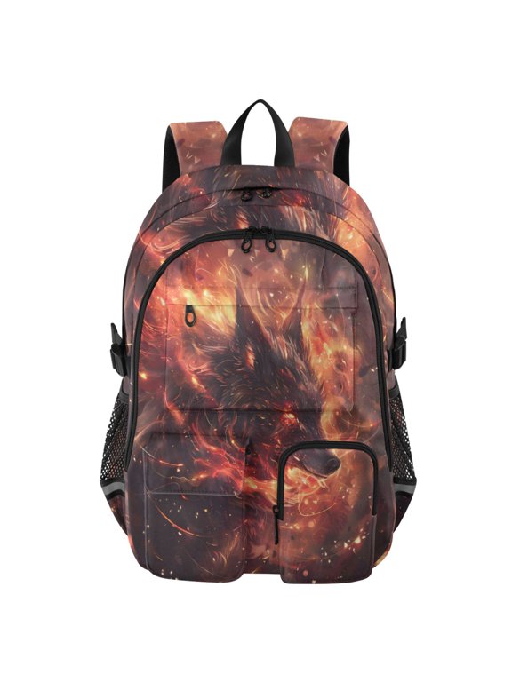 Black Wolf Flame Dream Backpack for School 14Laptop Compatible with Reflective Safety Strips