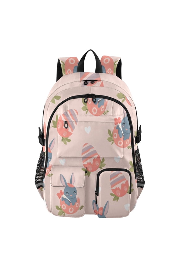 Blue Bunny Easter Egg Pattern Backpack for School 14”Laptop Compatible with Reflective Safety Strips