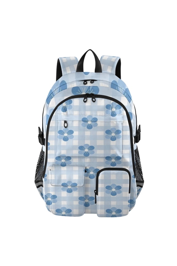 Blue Flowers Gingham Backpack for School 14”Laptop Compatible with Reflective Safety Strips