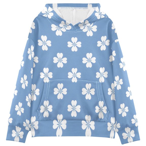 DIXRUYEE Blue Four Leaf Clover White Tile Pattern Print Hoodie Casual Pullover Sweatshirt With Kangaroo Pocket