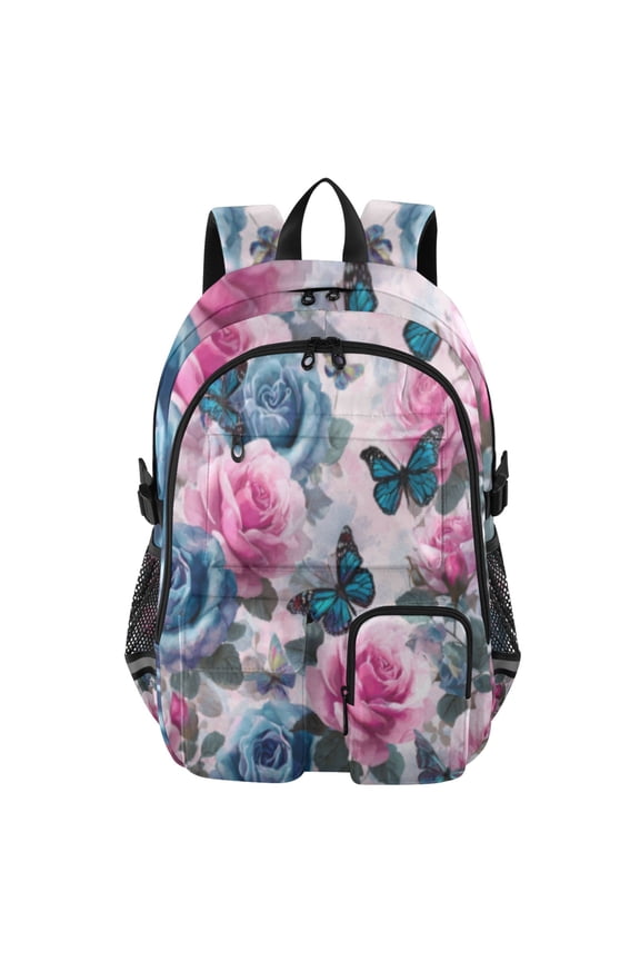 Blue & Pink Rose Fantasy Backpack for School 14Laptop Compatible with Reflective Safety Strips
