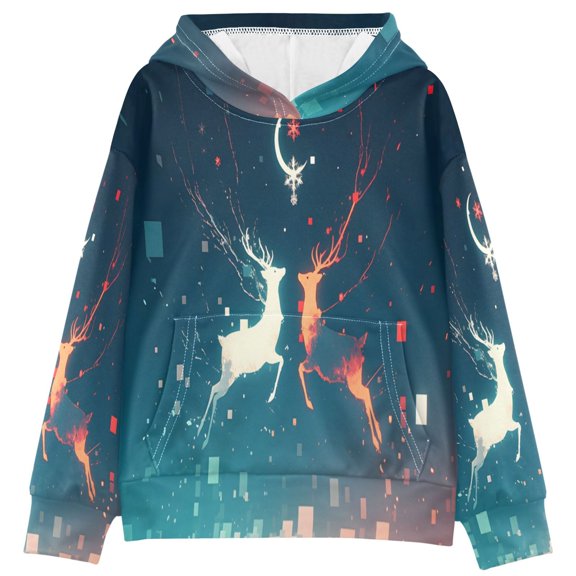 DIXRUYEE Blue Red Deer Print Hoodie Casual Pullover Sweatshirt With Kangaroo Pocket