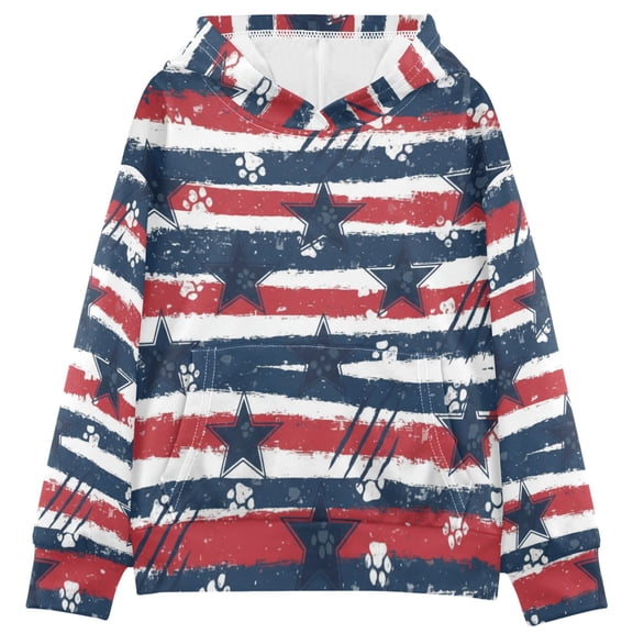 DIXRUYEE Blue Red White Strip Print Hoodie Casual Pullover Sweatshirt With Kangaroo Pocket