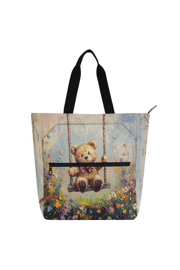 Book Tote Bag Casual Style Creatively Bear on Swing Painting Printed