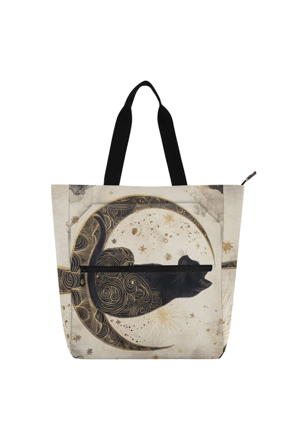 Book Tote Bag Casual Style Creatively Black Cat on Crescent Moon Printed