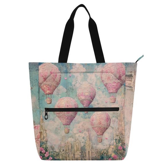 DIXRUYEE Book Tote Bag Casual Style Creatively Pink Hot Air Balloons Vintage Printed