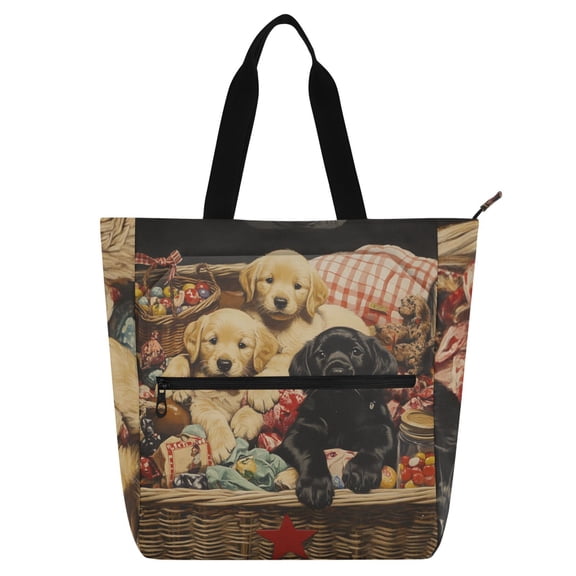 DIXRUYEE Book Tote Bag Casual Style Creatively Three Puppies in Basket Printed