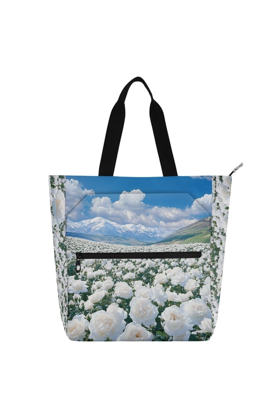 Book Tote Bag Casual Style Creatively White Roses Snowy Mountains Sky Printed