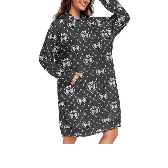 DIXRUYEE Bow Heart Pearl Pattern Print Womens Long Oversized Hoodie Dress Casual Pullover Hooded Sweatshirt Dress with Kangaroo Pocket Loose Streetwear Loungewear