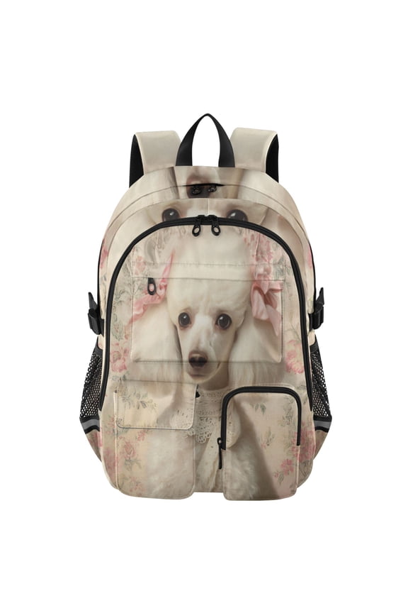 Bow Poodle Backpack for School 14Laptop Compatible with Reflective Safety Strips