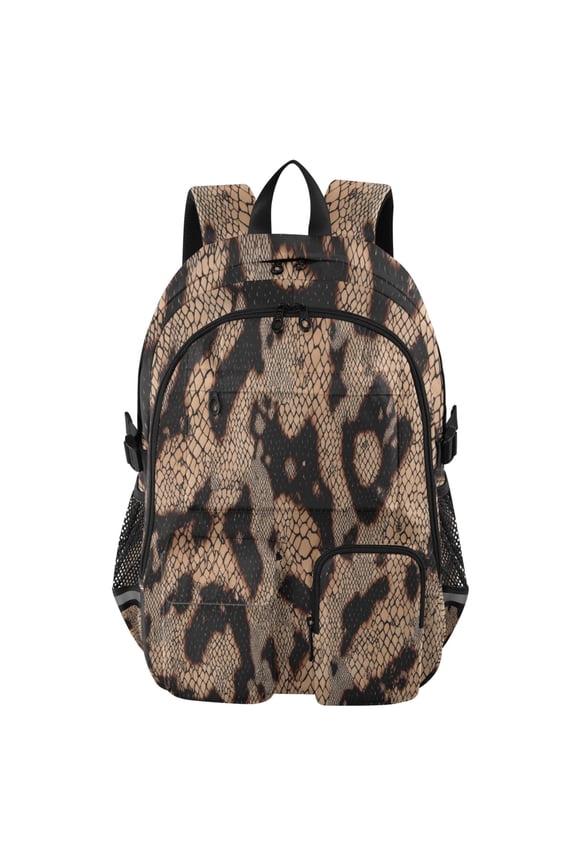 Brown Black Snake Skin Pattern Backpack for School 14Laptop Compatible with Reflective Safety Strips