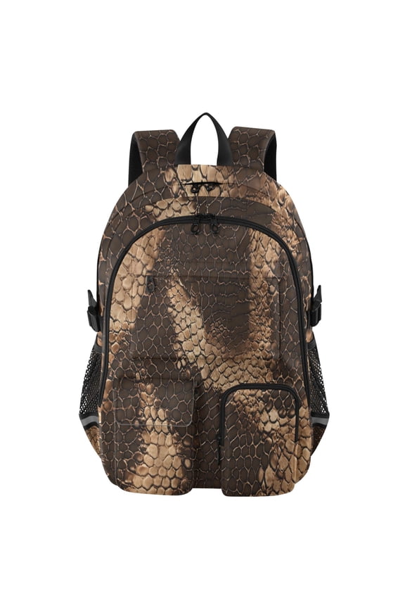 Brown Snake Skin Pattern Backpack for School 14Laptop Compatible with Reflective Safety Strips