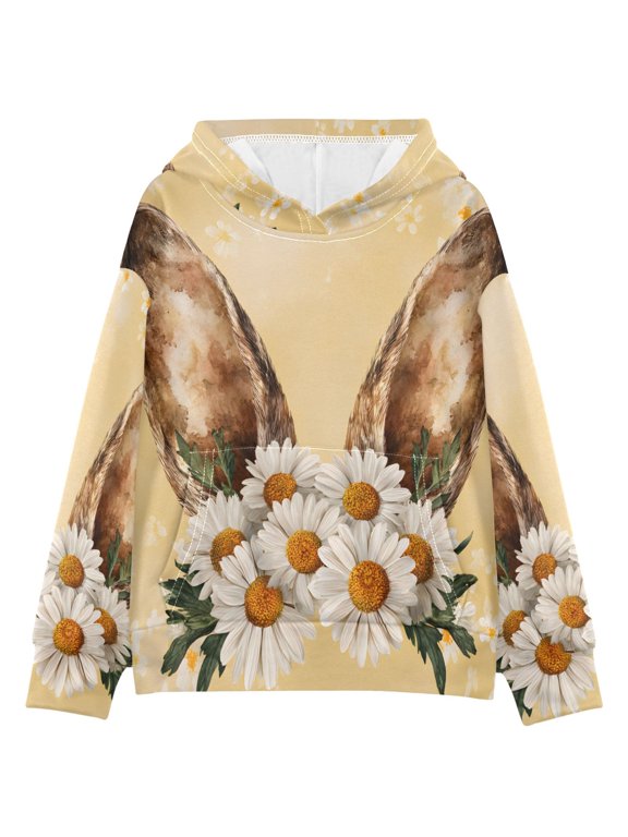 DIXRUYEE Bunny Ears Daisies Print Hoodie Casual Pullover Sweatshirt With Kangaroo Pocket