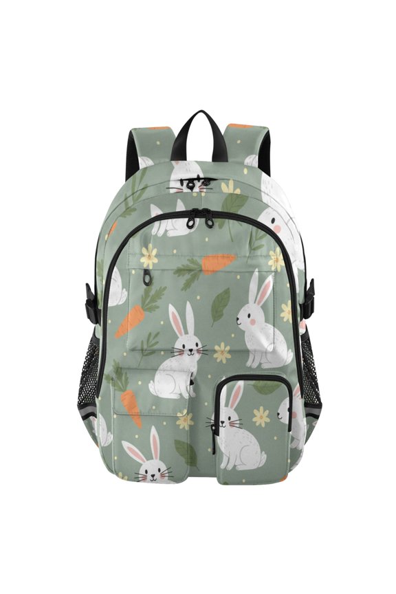 Bunny Rabbit Green Backpack for School 14Laptop Compatible with Reflective Safety Strips