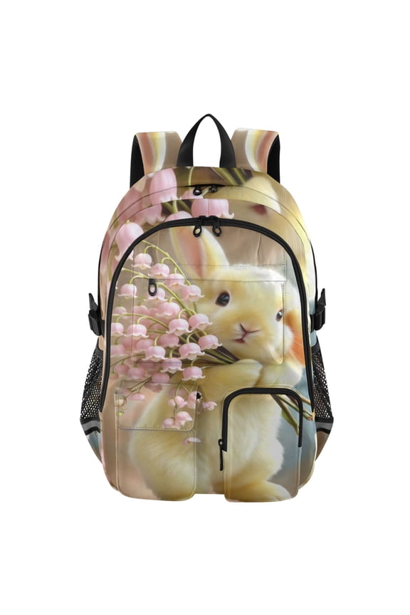 Bunny with Lily Backpack for School 14Laptop Compatible with Reflective Safety Strips
