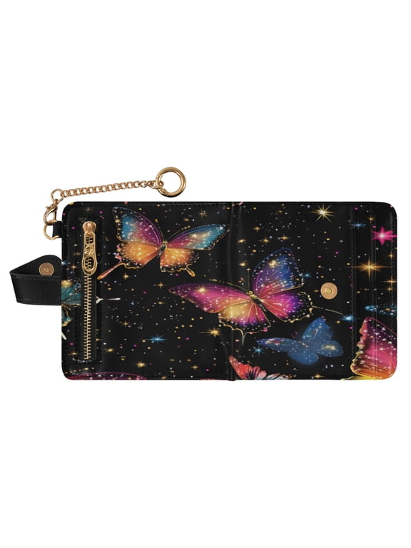 Butterfly Colorful Pattern Print RFID Blocking Womens PU Leather Wallet Small Foldable Card Holder Purse with Coin Zipper Pocket & Detachable Chain Wristlet
