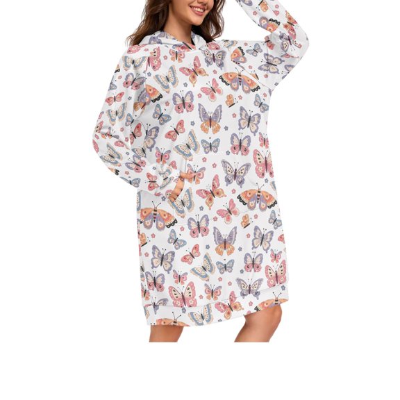 DIXRUYEE Butterfly Print Womens Long Oversized Hoodie Dress Casual Pullover Hooded Sweatshirt Dress with Kangaroo Pocket Loose Streetwear Loungewear
