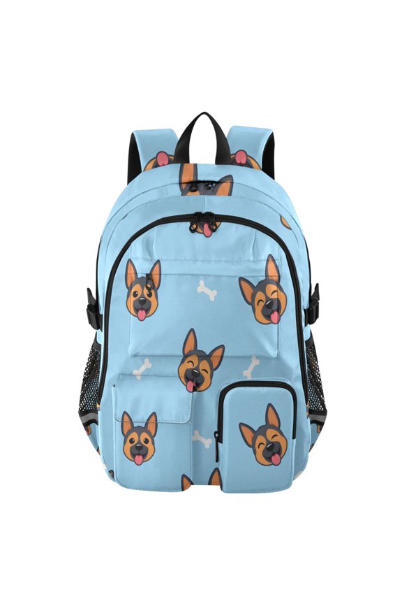 Cartoon German Shepherd Bone Pattern Backpack for School 14”Laptop Compatible with Reflective Safety Strips