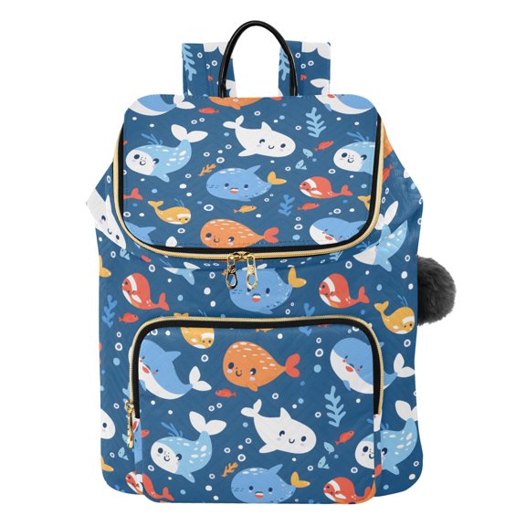 DIXRUYEE Cartoon Sea Animals Seamless Fish Printed Quilted 14 Inch Laptop Backpack Multi-Pocket Lightweight Daypack with Pom Pom Charm