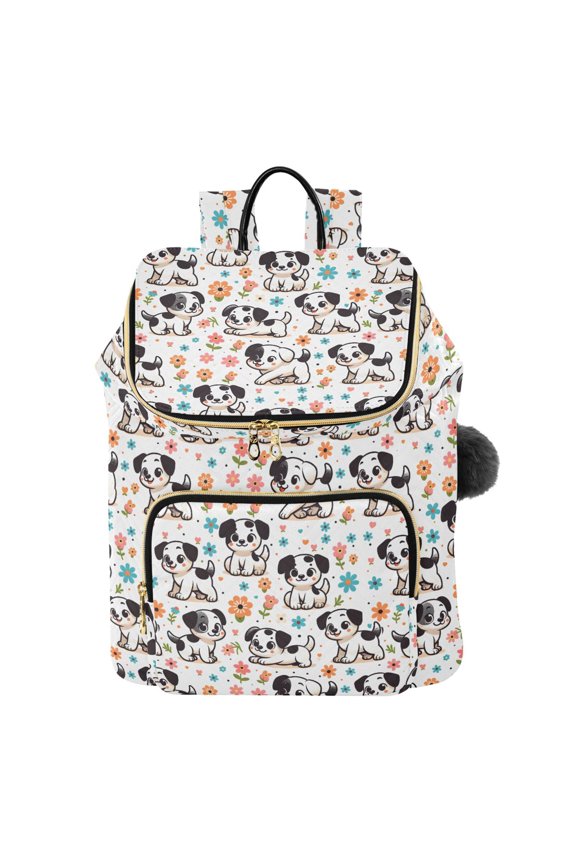 Cartoon Vector Spotted Dog Small Flower Printed Quilted 14 Inch Laptop Backpack Multi-Pocket Lightweight Daypack with Pom Pom Charm